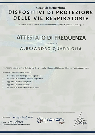 Attestato Frequenza Corso formazione Dispositivi di protezione delle vie respiratorie